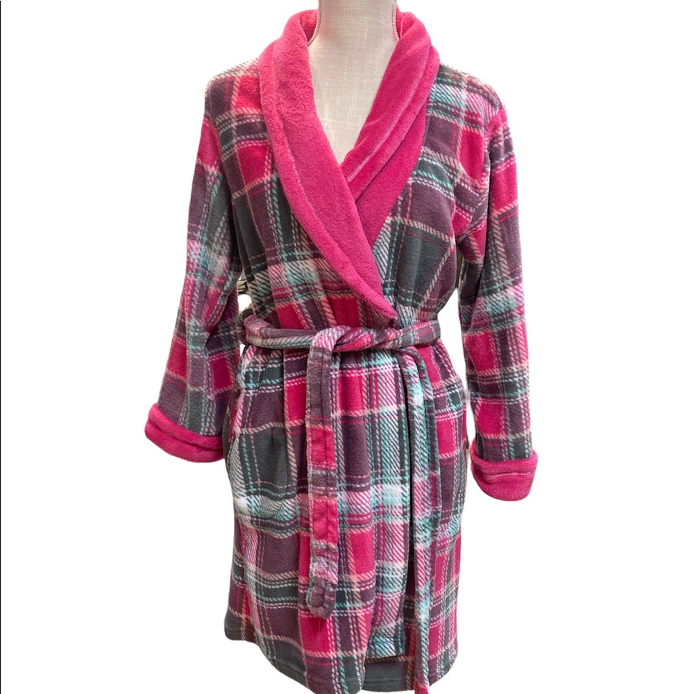 Ulta Beauty Plush Plaid Pink & Gray Robe - Picture 1 of 7